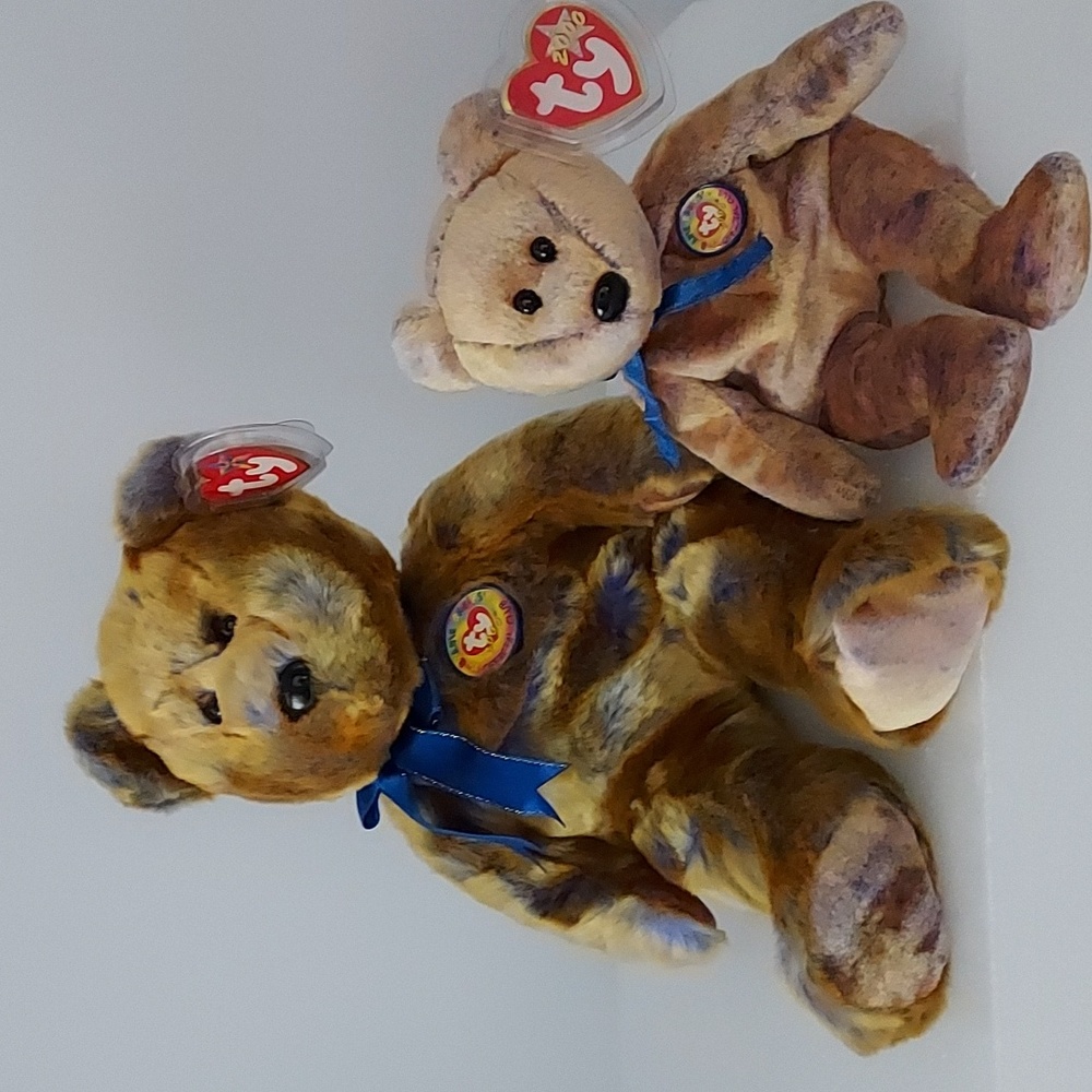 TY Tan/Blue Beanie Baby Bears  2000 Monochromatic Color 13" w 8" BabyBear